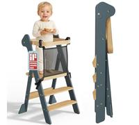 COSYLAND Foldable Toddler Standing Tower With Safety Net, IF Design Awarded - Height Adjustable Kitchen Step Stool for Kids - Toddler Learning Helper Stool With Support Blocks (Dark Grey & Natural)