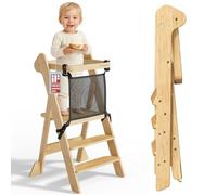 COSYLAND Foldable Toddler Standing Tower With Safety Net, IF Design Awarded - Height Adjustable Kitchen Step Stool for Kids - Space Saving Learning Helper Stool With Support Blocks (Natural)