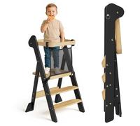 COSYLAND Foldable Toddler Step Stool for Kitchen - IF Design Awarded Space Saving Toddler Standing Tower with Protective Net - Height Adjustable Kids Kitchen Stool Helper (Black & Natural)