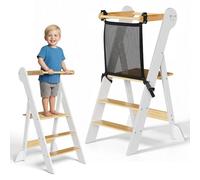 COSYLAND Foldable Toddler Step Stool for Kitchen - Space Saving Kids Kitchen Stool Helper with Protective Net - Height Adjustable Toddler Standing Tower with Stabilizing Blocks (White & Natural)