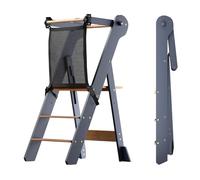 COSYLAND Foldable Toddler Step Stool for Kitchen - Space Saving Toddler Kitchen Stool Helper with Protective Net - Height Adjustable Kids Standing Tower with Stabilizing Block (Grey & Natural)