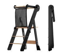 COSYLAND Foldable Toddler Step Stool for Kitchen - Space Saving Toddler Kitchen Stool Helper with Protective Net - Height Adjustable Kids Standing Tower with Stabilizing Block (Black & Natural)