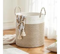 COSYLAND Foldable Woven Cotton Rope Laundry Basket, Large Soft Hamper for Clothes, Blankets & Toys, Decorative Storage Bin for Nursery & Home Organization (Khaki & White, 40Lx40Wx40H)
