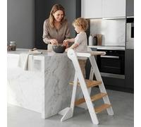 COSYLAND Height-Adjustable Folding Kids Standing Tower - Upgraded Wooden Standing Stool for Kitchen Cooking & Learning - Ages 18 Months to 6 Years (Natural & White)