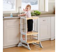 COSYLAND Height Adjustable Nursery Step Stool for Kids with Anti-fall Feet - Wodden Toddler Standing Tower for Kitchen Counter - Mothers' Helper Kids Learning Stool for Bathroom (White & Natural)