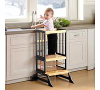 COSYLAND Height-Adjustable Toddler Standing Tower - Stable Kitchen Standing Stool with Reinforced Base - Lightweight Portable Standing Helper for Kitchen and Home Use (Black & Natural)