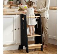 COSYLAND Height Adjustable Toddler Standing Tower - Super Stable Toddler Kitchen Stool Helper - 3 Levels Wooden Kids Learning Stool for Kitchen Toliet (Black & Natural,Large)