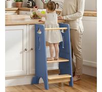 COSYLAND Height Adjustable Toddler Standing Tower - Super Stable Toddler Kitchen Stool Helper - 3 Levels Wooden Kids Learning Stool for Kitchen Toliet (Navy Blue & Natural,Large)