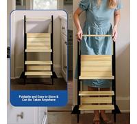 COSYLAND Height Adjustable Toddler Standing Tower with Protective Mesh - Space Saving Wooden Kitchen Stool Helper for Learning and Cooking - Portable Toddler Ladder for Kitchen (Black & Natural)