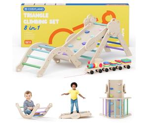 COSYLAND Indoor Climbing Frame for Toddlers - Wooden Triangle Toys with Ladder, Climbing Arch, Balance Board Climbing Toys for Kids Ages 1 - 3 (Cold Shades,M)