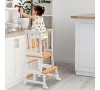 COSYLAND Nursery Step Stool for Kids with Anti-fall Feet - Wodden Toddler Standing Tower for Kitchen Counter - Mothers' Helper Kids Learning Stool for Bathroom (White & Natural)