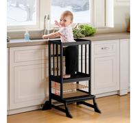 COSYLAND Toddler Kitchen Step Stool Height Adjustable - Nursery Step Stool for Kids with Anti-fall Feet - Wodden Standing Tower for Kitchen Counter - Mothers' Helper Kids Learning Stool (Black)