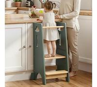 COSYLAND Toddler Kitchen Tower 3 Levels Height Adjustable - Super Stable Nursery Step Stool with Anti-fall Support Blocks - Toddlers Kitchen Stand Helper for Cooking (Green & Natural,Large)