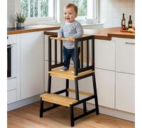 COSYLAND Toddler Standing Tower for Kitchen - Wooden Nursery Step Stool for Kids - Solid Learning Stool Kitchen Counter Helper Step Stool for Kids (Black&Natural)