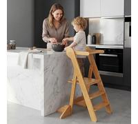 COSYLAND Upgraded Foldable Kids Step Stool, Height-Adjustable Wooden Tower with Fixed Mesh Protection, Space-Saving Standing Helper Tower for Counter & Sink (Natural)