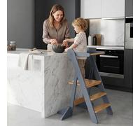 COSYLAND Upgraded Foldable Kitchen Step Stool for Toddler, Height-Adjustable Standing Stool with Wider Stabilizing Feet & Fixed Mesh Protection, Space-Saving Design (Grey & Natural)