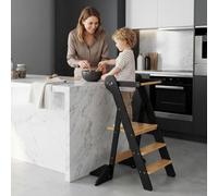 COSYLAND Upgraded Foldable Kitchen Step Stool for Toddler, Height-Adjustable Standing Stool with Wider Stabilizing Feet & Fixed Mesh Protection, Space-Saving Design (Black & Natural)