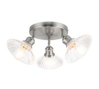 Cosylyte Milan Bathroom 3 Light Modern Round Plate Ribbed Glass Spotlight - Brushed Nickel Base, IP44, 20x20x19cm, 3xE27. Max. 15W LED (Bulb not Included)