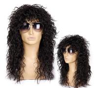 Cosymate 70s 80s Heavy Metal Rocker Disco Wig, Long Curly Black Wig for Rockstar Costumes, Rock and Disco Theme Parties, Retro Rock Star Black Fancy Dress Hair Extensions for Men and Women
