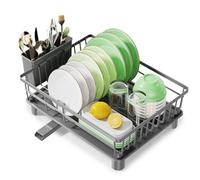 CosyPic Dish Drying Rack, Stainless Steel Drainer Rack with Drainboard with Smart Drainage System, Space Saving Dish Strainer for Kitchen Counter with Cutlery Holder, Grey