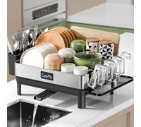 CosyPic Dish Racks, Thicker Premium 304 Stainless Steel Dish Drying Rack for Kitchen Counter, Automatic Drainage Spout, Dish Drainer & Drainboard Set with Utensil Holder and Cup Holder, Black