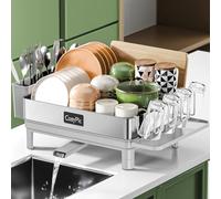 CosyPic Dish Racks, Thicker Premium 304 Stainless Steel Dish Drying Rack for Kitchen Counter, Automatic Drainage Spout, Dish Drainer & Drainboard Set with Utensil Holder and Cup Holder, Grey