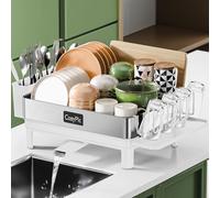 CosyPic Dish Racks, Thicker Premium 304 Stainless Steel Dish Drying Rack for Kitchen Counter, Automatic Drainage Spout, Dish Drainer & Drainboard Set with Utensil Holder and Cup Holder, White