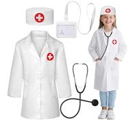 Cosysparks Doctor Costume Kids, 4 Pack Kids Doctors Outfit Kid White Lab Coat with Hat Stethoscope Work Card Holder Doctor Accessories Doctors Role Play Set for Boys Girls Age 5-9