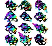 Cosysparks Pirate Scratch Masks for Kids, 24 Pcs DIY Paper Masks to Decorate Kids Funny Magic Scratch Art Mask Craft Kit for Halloween Birthday Cosplay Themed Party(Pirate)