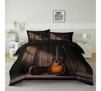 Cot-bed Country Style Wood Background Guitar Microphone Bedding Set 120 x 150 cm 2 Piece Duvet Cover Set with Zipper Closure, Brown Soft Microfiber Quilt Cover for Aldults Kids Comfy Bedspread