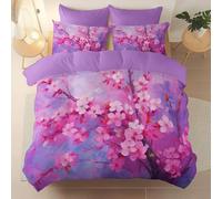Cot-bed Double Duvet Cover Sets, Reversible Beautiful Elegant Flowers Cherry Blossoms pattern Bedding Bed Set, Purple Soft Warm Brushed Microfiber Quilt Covers, 120 x 150 cm for autumn and winter