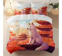 Cot-bed Double Duvet Cover Sets, Reversible Japanese Temple Cherry Blossoms Fox pattern Bedding Bed Set, Color Soft Warm Brushed Microfiber Quilt Covers, 120 x 150 cm for autumn and winter