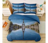 Cot-bed Duvet Cover, 3 Pieces Modern Photography Eiffel Tower Sky Bedding Lake Blue Light Brown, Easy Care Soft Microfiber Quilt Cover with Pillowcase and Zipper