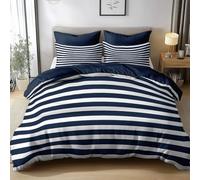 Cot-bed Duvet Cover Set - All-Season Reversible Quilt Cover with Pillowcases, Microfibre Zipper Closure, Nautical Themed Horizontal Stripes Bedding for Kids Adults Bedroom, Navy Blue
