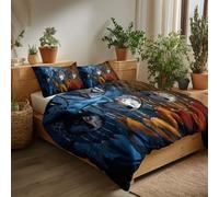 Cot-bed Duvet Cover Set Blue, Animals Wolf Dream Catcher Ultra Soft Comforter Cover with Zipper Closure Easy Care Machine Washable Anti Allergic 3 Pcs Quilt Cover Bedding Set for Boys Girls