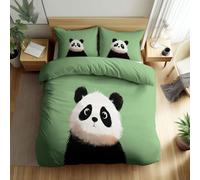 Cot-bed Duvet Cover Set Green 120 x 150 cm Bedding Set, Hand-Drawn Animals Panda Comforter Bedding Reversible Quilt Cover with Pillowcases, Easy Care and Super Soft Bedding