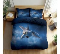 Cot-bed Duvet Cover Set Ultra Soft Comfy Brushed Microfibre Blue Reversible Bedding Set, Military Sky Fighter Jet Print Quilt Covers 120 x 150 cm for Kids Teenage Boys Kids Bedroom