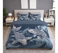 Cot Bed Duvet Cover Sets Reversible Bedding Set 120 x 150 CM Luxury Brushed Microfiber Quilt Cover Set With Zipper Closure and Pillowcases Blue Artistic Animals Koi