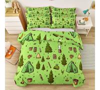 Cot-bed Duvet Cover Sets, Reversible Cute Cartoon Tent Forest Printed Bedding Bed Set, Brushed Microfiber Hypoallergenic Olive Green Quilt Covers, 120 x 150 cm for autumn and winter use