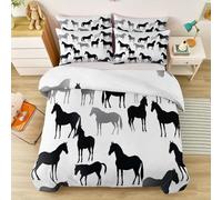 Cot-bed Duvet Cover Sets, Reversible Vintage Fashion Animals Black Horses Printed Bedding Bed Set, Brushed Microfiber Hypoallergenic Cream Quilt Covers, 120 x 150 cm for autumn and winter use