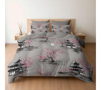 Cot-bed Duvet Set, Elegant Japanese Style Cherry Blossom Premium Brushed Microfiber 120 x 150 cm, Ultra Soft Reversible Luxury Quilt Cover Bedding Set With Zipper Closure, Warm Grey