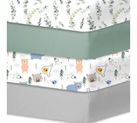 Cot Bed Sheets 140 x 70 cm Fitted, 4 Pack Super Soft Microfiber, OEKO-TEX Certified Woodland Bears & Eucalyptus Cot Sheets, Green & Grey Toddler Bed Sheets, Little Grape Land