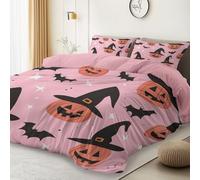 Cot bed Size Duvet Cover Halloween Pumpkin Witch Hat Bat Premium Sets, Pink Brushed Microfiber Duvet Cover with Zipper Ultrasoft Hypoallergenic 120 × 150 cm 2 Pcs Bedding Set, 1 Pillow Cases