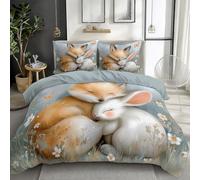 Cot-bed Size Duvet Cover Sets, Soft Cute Cartoon Animal Fox Rabbit Printed Bedding Set Brushed, 120 x 150 cm Microfiber Grey Duvet Covers, Easy care and hypoallergenic