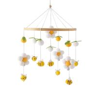 Cot Mobile Hanging Pendant - 41cmx23cm Neutral Pastel Hive Bee Charm Motif, With Pom-Poms Flowers Bees Wood Crib Mobile, Natural Beech Wood Frame Accessory For Nursery Bed Travel Stroller
