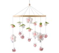 Cot Mobile Hanging Pendant - 41cmx23cm Neutral Pastel Hive Bee Charm Motif, With Pom-Poms Flowers Bees Wood Crib Mobile, Natural Beech Wood Frame Accessory For Nursery Bed Travel Stroller