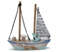 CoTa Global Blue Wave Small Rustic Sailboat Decor - Handcrafted Wooden Boat Decoration, Perfect Nautical Model Sailboat Figure, Cute Beach Themed Home Decor, Small Boat with Anchor - 6.4 Inches