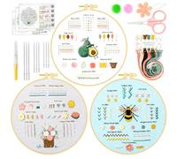 cotaour 3 Sets Embroidery Kit for Beginners, Embroidery Kit for Adults with Follow Instruction, Cross Stitch Kits with Wooden Embroidery Hoops (Style-D)