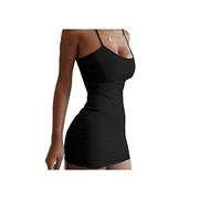 COTCLO Beach Dress Spaghetti Strap Camisole Mini Dress Women Club White Party Dresses Summer New Pure Color Sundress-Bk,S