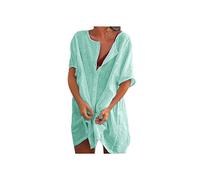 COTCLO Swimsuit Cover Ups Beach Swimsuit Cover-Ups Women Cotton Cover Up Swimwear Casual Short Sleeve Long Blouse Solid Color Beach Dress-Green,L